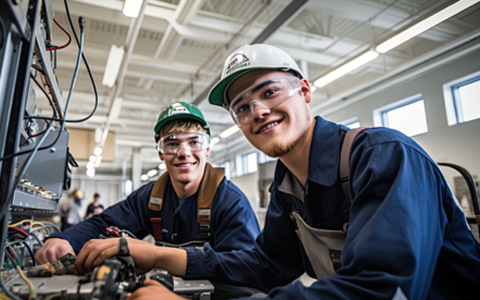 Happy workers in manufacturing plant